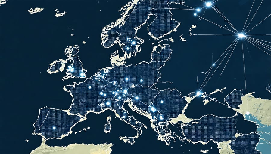 European map showing solar grid connections between countries