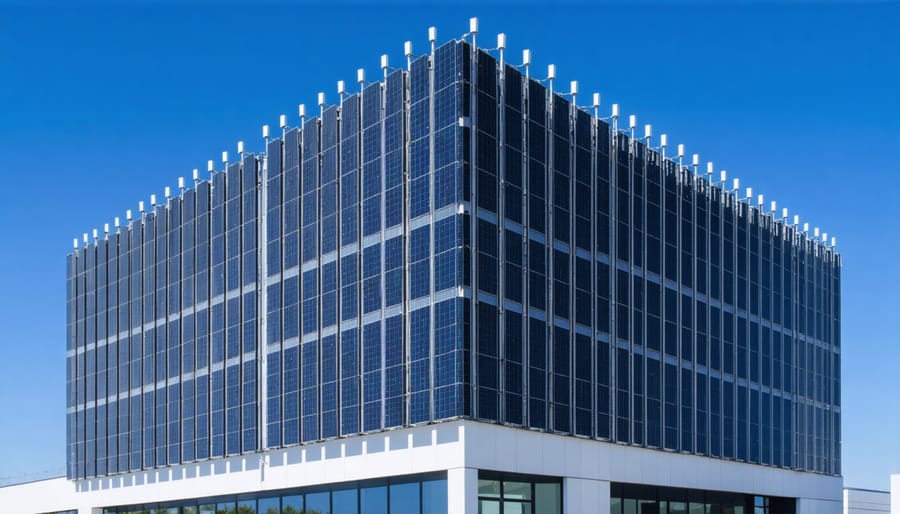 Contemporary building design showcasing seamlessly integrated vertical solar panels as part of the architectural facade