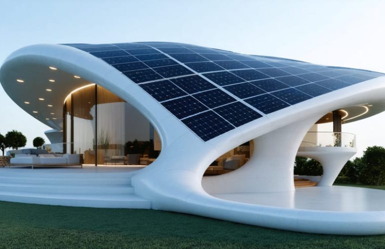 A modern, uniquely designed home with gracefully curved lines showcasing flexible organic solar panels seamlessly integrated into its architecture. The lightweight, adaptable panels demonstrate a contrast to traditional rigid solar panels, symbolizing the evolution in residential solar energy solutions.