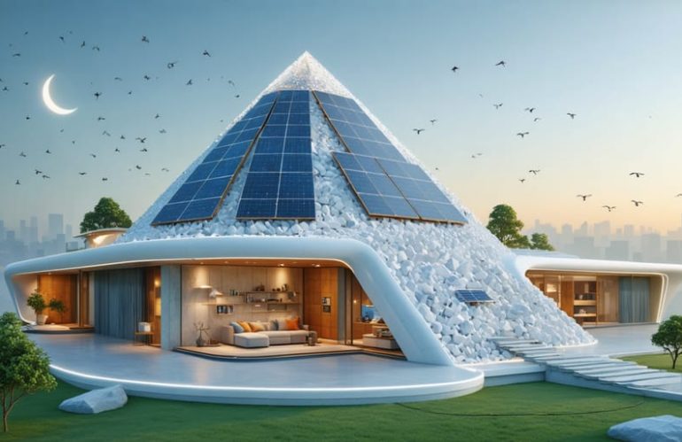 A conceptual illustration of a modern home with solar panels and a zeolite storage system, showcasing zeolite's crystalline structure for heat storage and release.