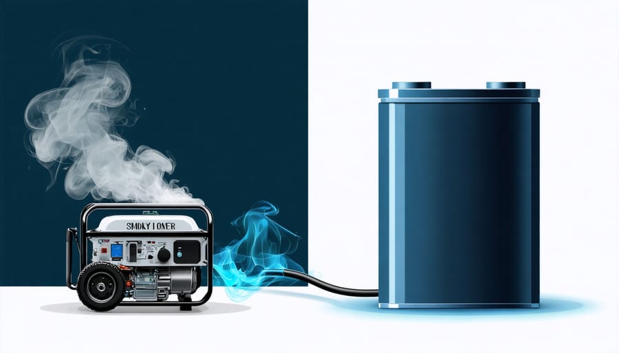 Side-by-side comparison of traditional generator exhaust and clean battery backup system