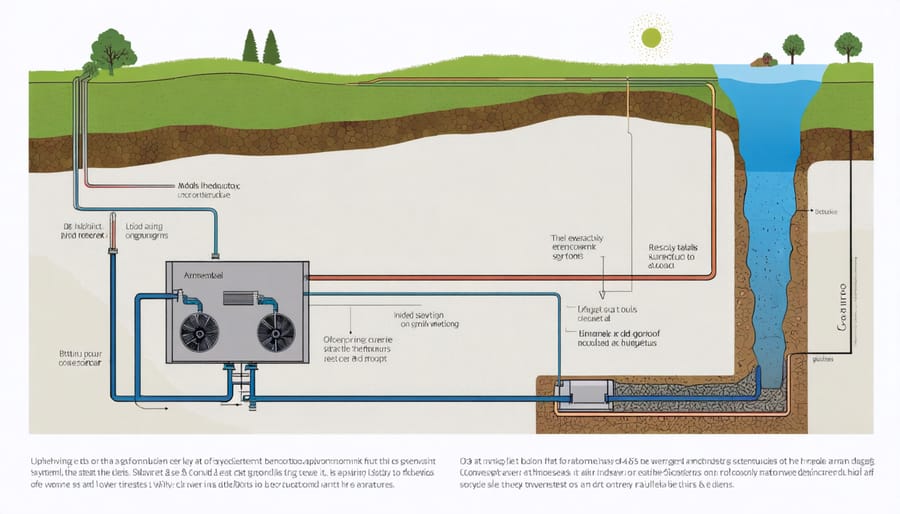 Cross-section diagram of a residential geothermal heating and cooling system