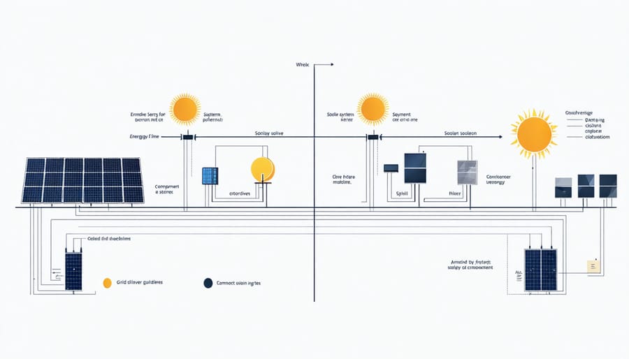 Infographic illustrating how a grid-tied solar system connects to the power grid with net metering