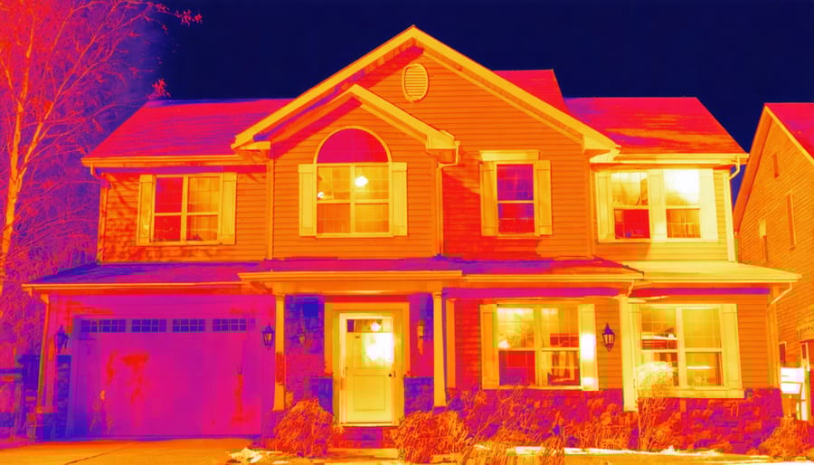 Thermal image of a house showing areas of heat loss and air leakage