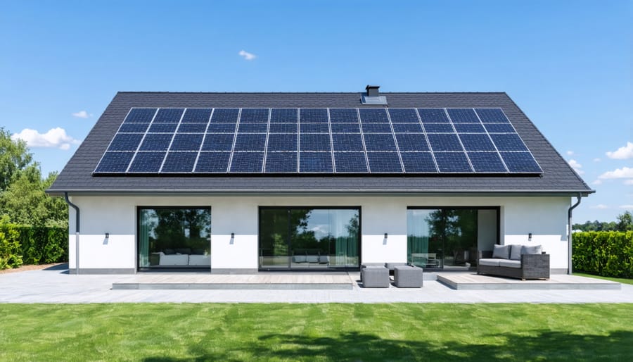 Home with solar panels and visible zeolite thermal storage unit installation