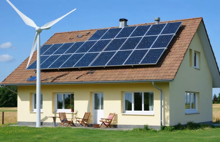 Illustration of a home with an integrated renewable energy system, showing a small wind turbine and solar panels working together to generate clean electricity.