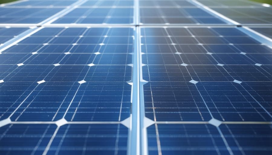 Visual comparison showing the distinct appearance of monocrystalline (uniform dark) and polycrystalline (blue marbled) solar cells