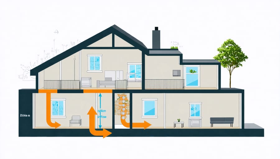 Architectural diagram showing natural airflow patterns in an energy-efficient home design