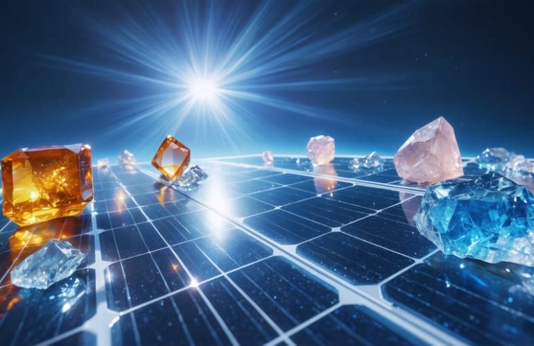 Illustration of various advanced materials used in next-generation solar panels, highlighting monocrystalline and polycrystalline silicon, perovskite-silicon hybrid cells, and encapsulation materials, symbolizing technological innovation and sustainability in solar energy.
