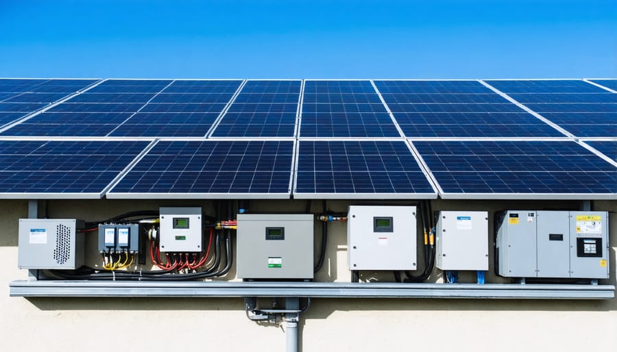Complete off-grid solar system setup with labeled components including battery bank and power management equipment