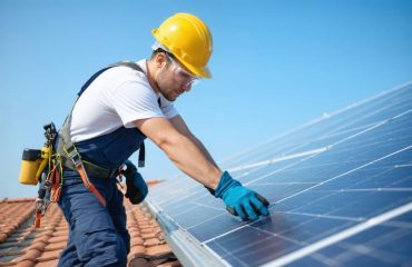 A professional solar installer wearing complete personal protective equipment, including a hard hat, gloves, and fall protection, as they work on roof-mounted solar panels, highlighting adherence to OSHA safety standards.