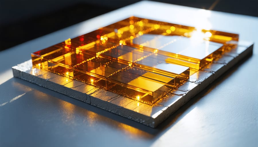Microscopic view of a perovskite-silicon hybrid solar cell showing distinct material layers