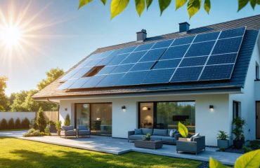 Digitally rendered image of a suburban home with innovative perovskite solar cells on the roof, symbolizing the affordable and efficient energy solution offered by this groundbreaking technology.