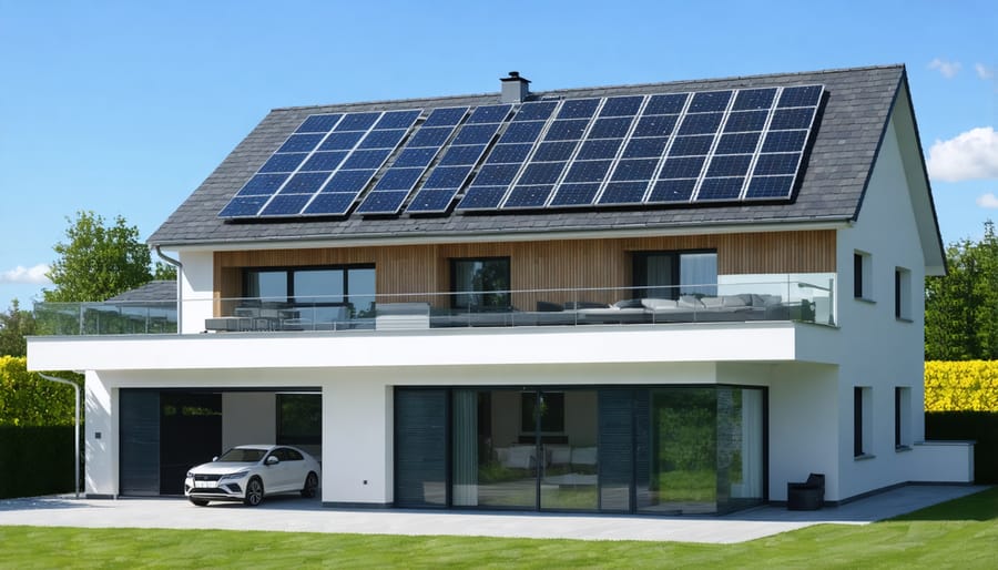 Suburban house featuring sleek perovskite solar panel installation