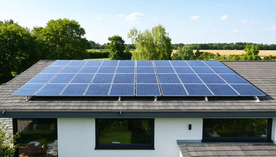 Residential house with solar panels covering the south-facing roof