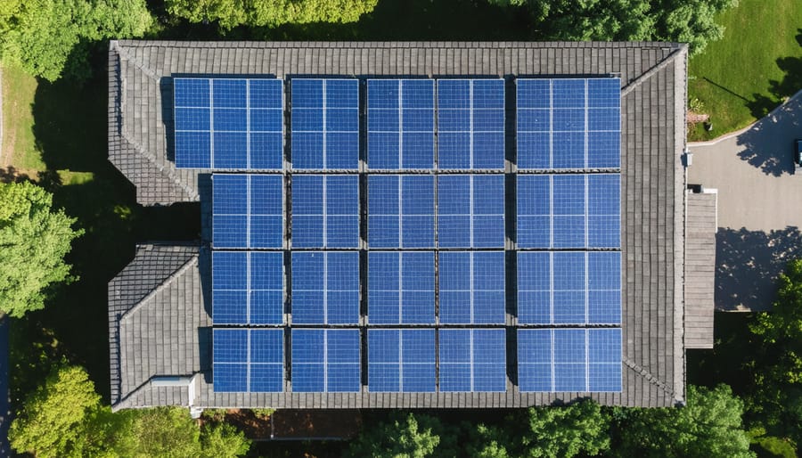 Overhead view of solar panels arranged in various configurations on a residential rooftop