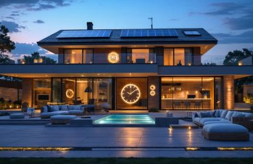 "Contemporary home at dusk illuminated by smart devices with clock overlay highlighting peak electricity hours and solar panels on the roof symbolizing smart energy management."