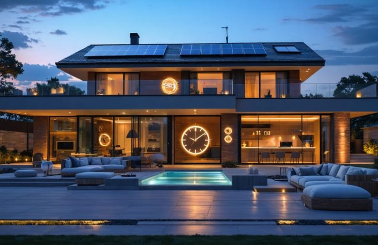 "Contemporary home at dusk illuminated by smart devices with clock overlay highlighting peak electricity hours and solar panels on the roof symbolizing smart energy management."