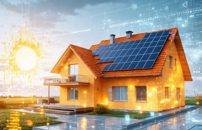Conceptual illustration of a smart home utilizing solar panels and grid optimization software, with data streams symbolizing enhanced energy efficiency.