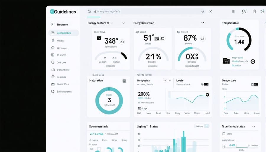 Digital interface displaying smart home energy monitoring system with various controls and metrics