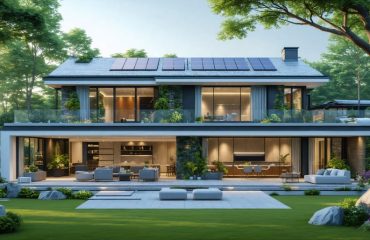 A modern smart home with large windows and solar panels, emphasizing energy efficiency and smart design, surrounded by greenery under a sunlit sky.