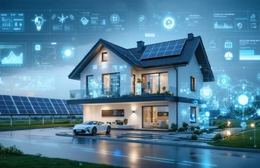 Conceptual illustration of a modern smart home with digital dashboard showing energy usage and demand response alerts, alongside rooftop solar panels and an integrated battery storage system.