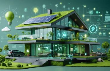 Futuristic eco-friendly home displaying smart energy management interfaces, connected devices, and solar panels, highlighting advanced technology for energy efficiency.