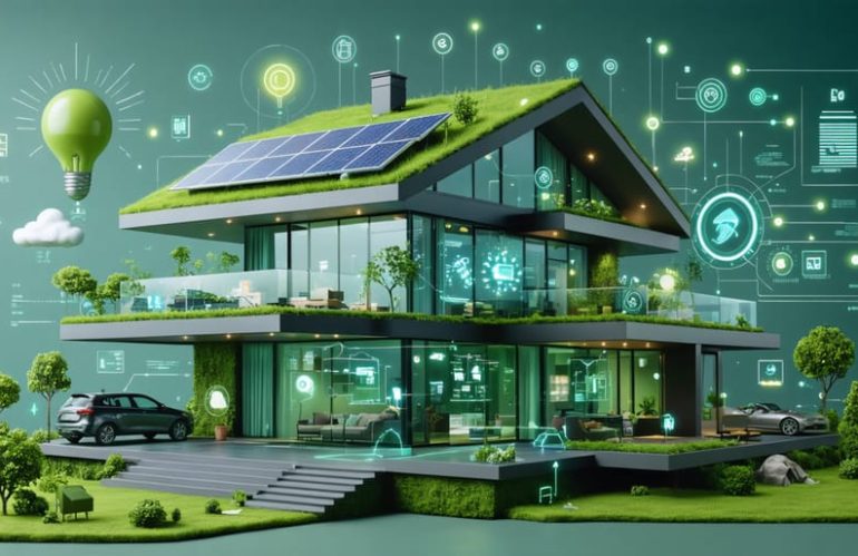 Futuristic eco-friendly home displaying smart energy management interfaces, connected devices, and solar panels, highlighting advanced technology for energy efficiency.