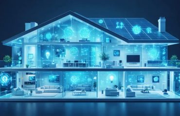 Conceptual illustration of a modern home with interconnected smart devices illustrating energy flow and efficiency improvements through smart technology integration.