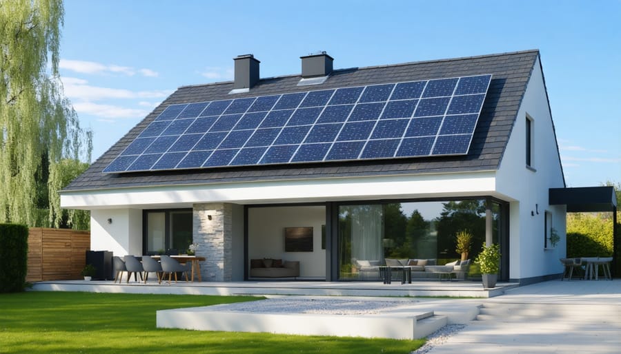 Residential house with rooftop solar panels and visible smart meter setup