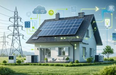 Conceptual illustration showing a modern home with solar panels, a battery unit, and a microgrid interconnect device, depicting energy flow and smart power management.
