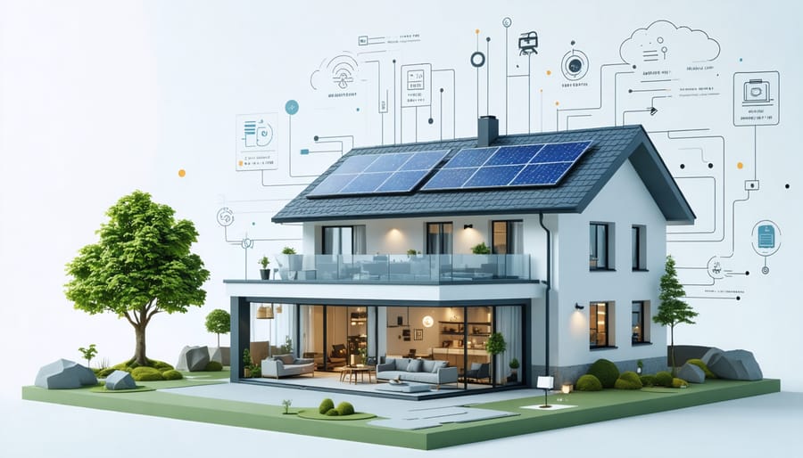 Digital illustration of solar-powered smart home showing data flows and connected devices