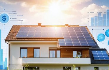 A modern home with solar panels on the roof, illuminated by sunlight, artwork highlighting the themes of renewable energy and financial savings with elements like upward trending graphs and dollar signs.