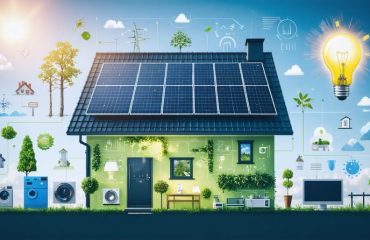 Illustration showing a modern home integrating solar panels, a smart thermostat, and energy-efficient appliances to highlight energy savings and sustainability.