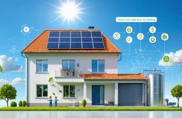 An illustration of a home with a rooftop solar water heating system, showing solar panels, a storage tank, and smart home technology, symbolizing energy efficiency and cost savings.