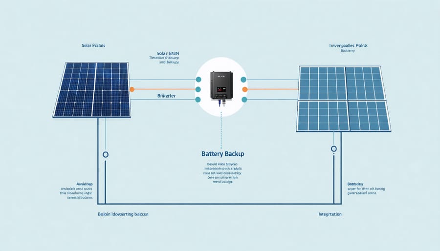 Schematic diagram of solar panel system components including inverter and battery integration