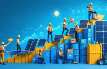 Conceptual illustration showcasing various solar supply chain roles, including logistics coordinators and project managers, with symbols of solar panels and upward graphs representing career growth and sustainability.
