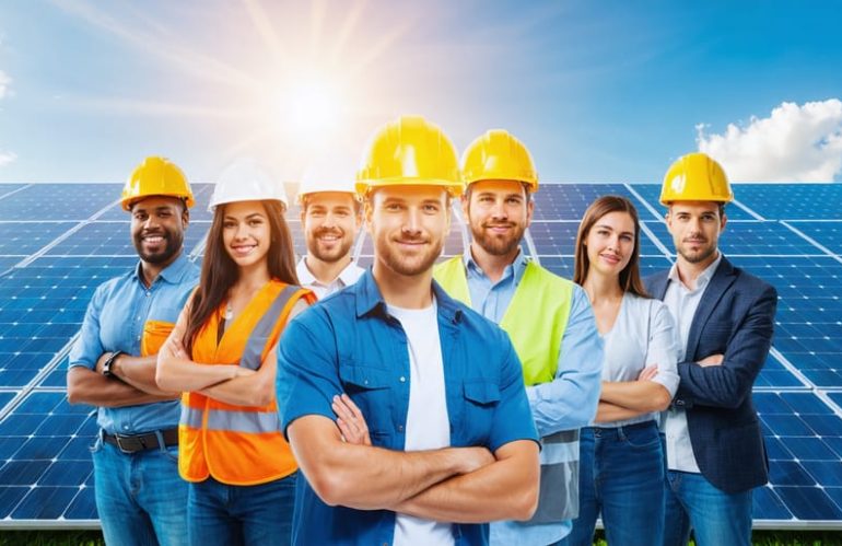 Diverse group of solar industry professionals, including installers and engineers, standing in front of a large solar panel array, symbolizing growth and emerging career opportunities.