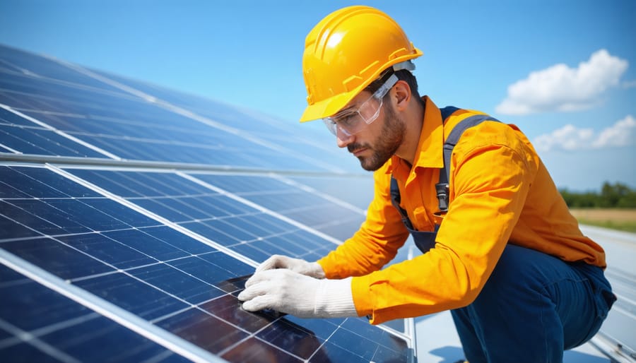 Certified solar technician following safety protocols during panel installation
