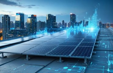 A visionary depiction of futuristic commercial buildings with solar panels on rooftops, illustrating technological advancements and financial growth in solar energy adoption.