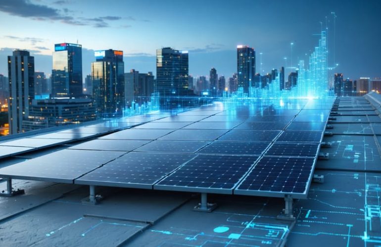 A visionary depiction of futuristic commercial buildings with solar panels on rooftops, illustrating technological advancements and financial growth in solar energy adoption.
