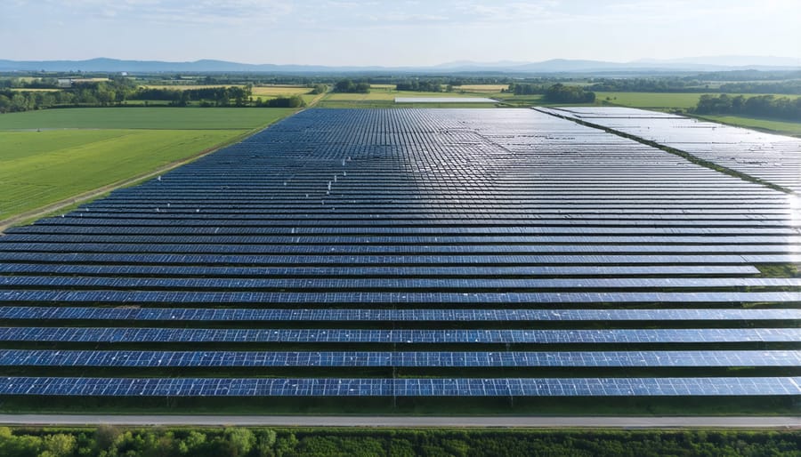 Bird's eye view of a solar farm installation showing scale and land use patterns