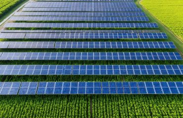 Aerial view of a solar farm integrated with agricultural fields, showing solar panels in rows with crops growing between them, representing agrivoltaic systems.