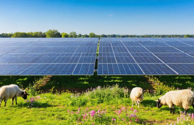An aerial view of a large solar farm adjoining a thriving wildlife habitat with native wildflowers and grazing sheep, illustrating harmonious land use for energy and ecosystem benefits.
