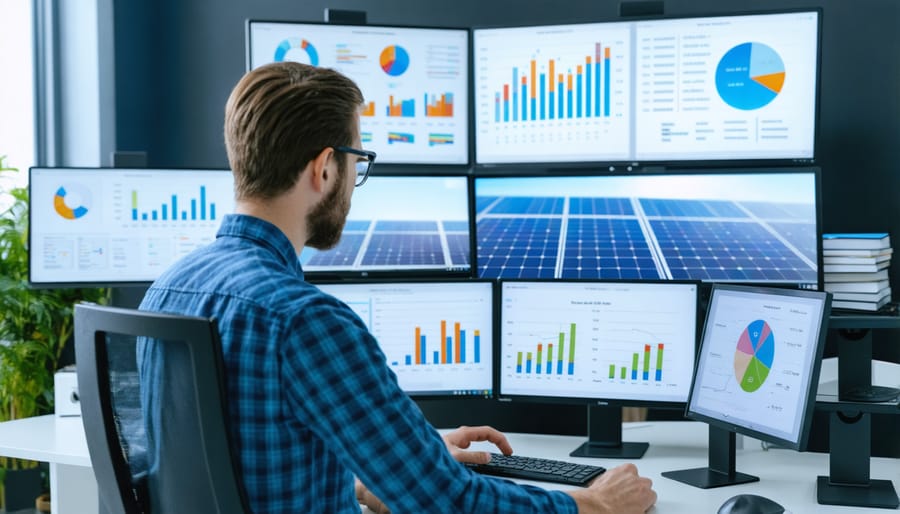 Financial analyst reviewing solar investment data and charts on computer monitors
