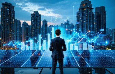 Professional businessperson analyzing digital financial charts against a cityscape backdrop with solar-powered skyscrapers, symbolizing the integration of finance and renewable energy.