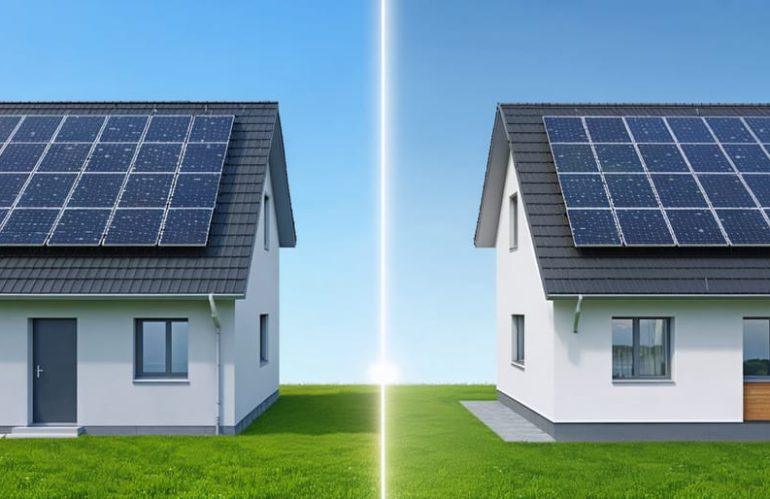 Illustration showcasing a comparison between a grid-tied solar system and an off-grid solar system, highlighting a home connected to the power grid and another home with complete energy independence through solar panels and battery storage.