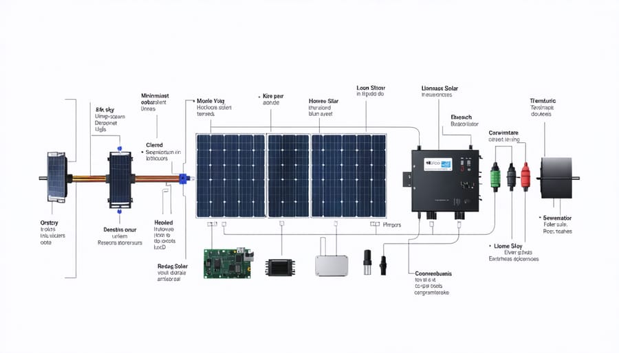 Labeled diagram showing solar panels, charge controller, battery, inverter, and other core components of a DIY solar generator