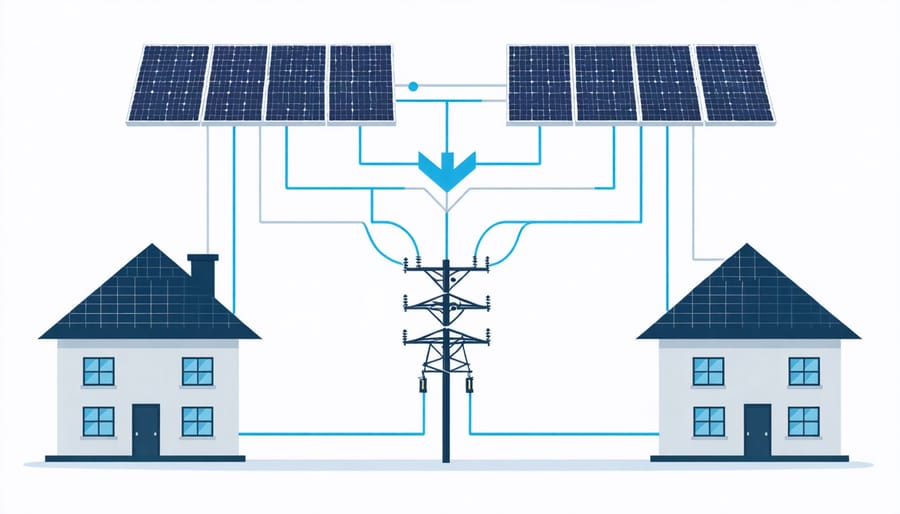 Illustration of home solar panels connected to utility grid with power flow indicators