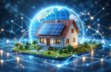 Illustration of a solar-powered home connected to a global energy network with arrows indicating energy flow.